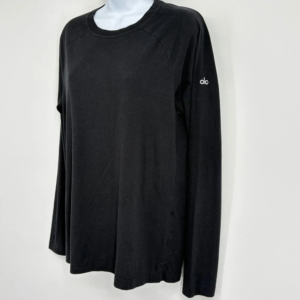Alo Yoga T Shirt Women Long Sleeve Crew Neck Black Top M Athleisure Soft Knit